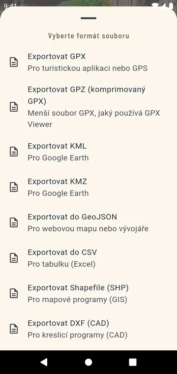 Formáty exportu: GPX, GPZ, KML, KMZ, GeoJSON, CSV, Shapefile, DXF