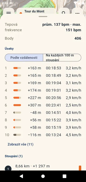Úseky: převýšení, čas a rychlost na každý kilometr nebo míli