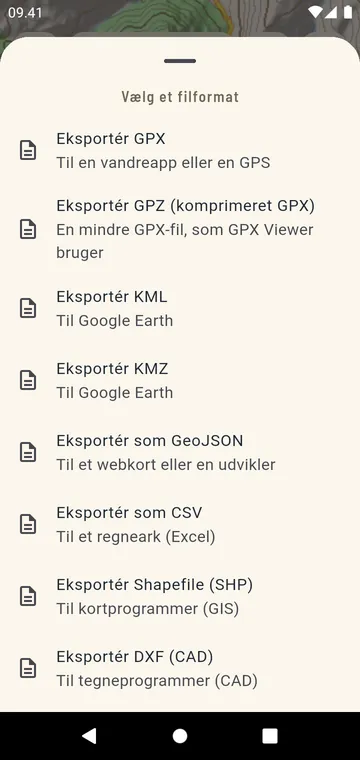 Eksportformater: GPX, GPZ, KML, KMZ, GeoJSON, CSV, Shapefile, DXF