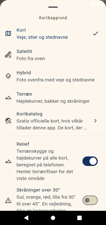 Vælg kortet: vejkort, satellit, hybrid, terræn