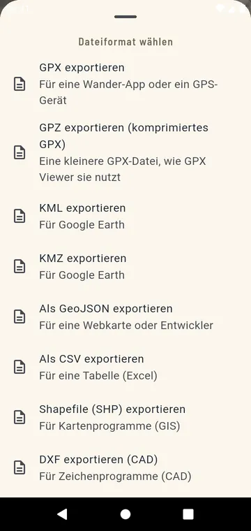 Exportformate: GPX, GPZ, KML, KMZ, GeoJSON, CSV, Shapefile, DXF