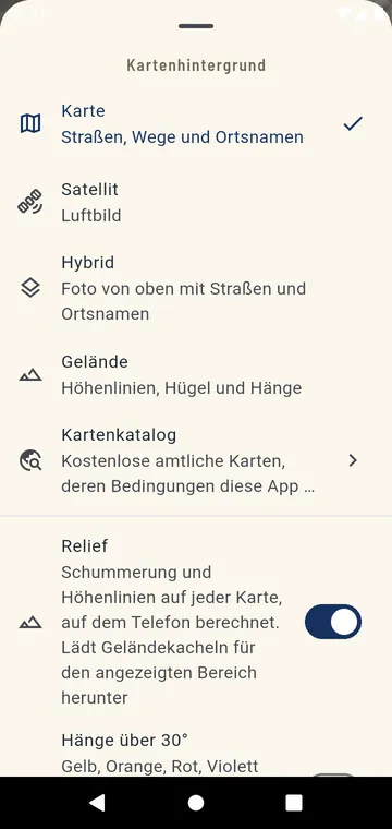 Die Karte wählen: Straßenkarte, Satellit, Hybrid, Gelände