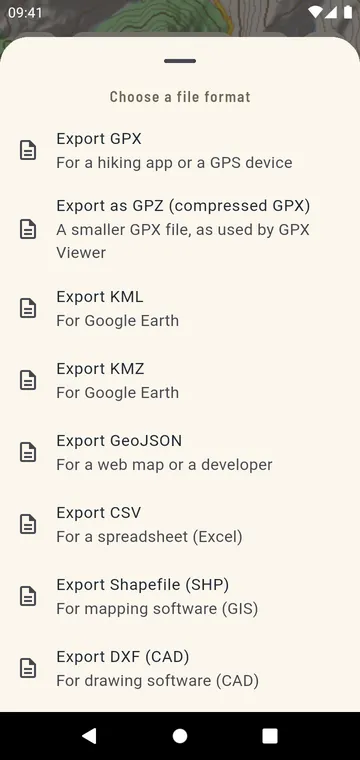 Export formats: GPX, GPZ, KML, KMZ, GeoJSON, CSV, Shapefile, DXF