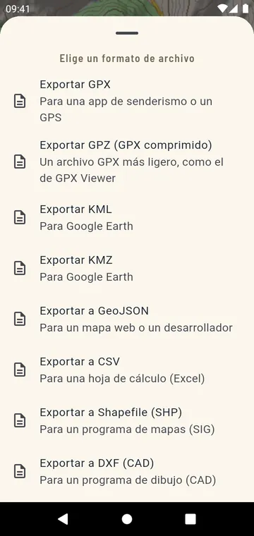 Formatos de exportación: GPX, GPZ, KML, KMZ, GeoJSON, CSV, Shapefile, DXF