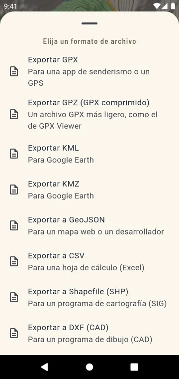 Formatos de exportación: GPX, GPZ, KML, KMZ, GeoJSON, CSV, Shapefile, DXF