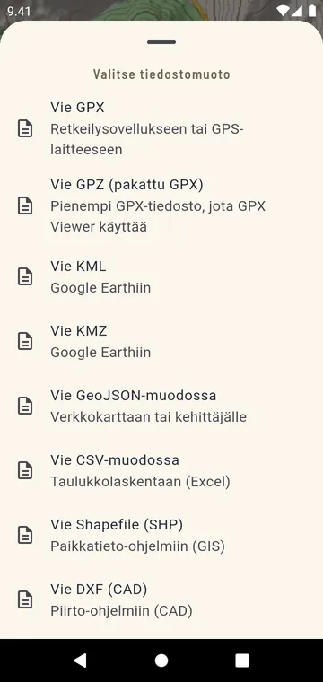Vientimuodot: GPX, GPZ, KML, KMZ, GeoJSON, CSV, Shapefile, DXF