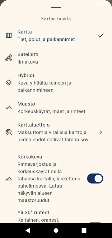 Kartan valinta: kartta, satelliitti, hybridi, maasto