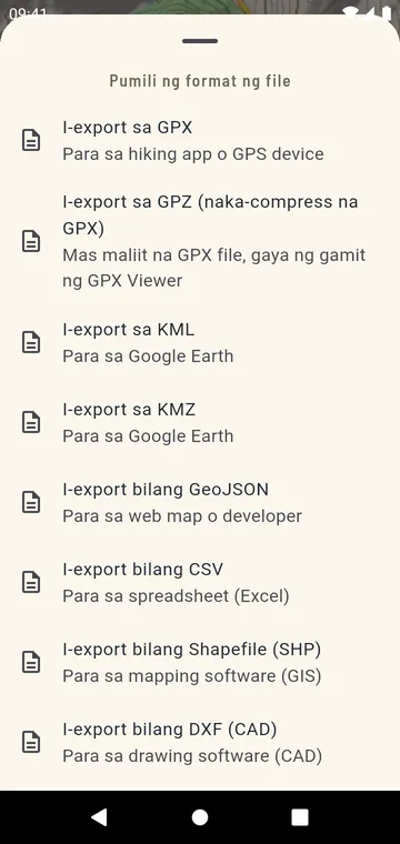 Mga format ng export: GPX, GPZ, KML, KMZ, GeoJSON, CSV, Shapefile, DXF