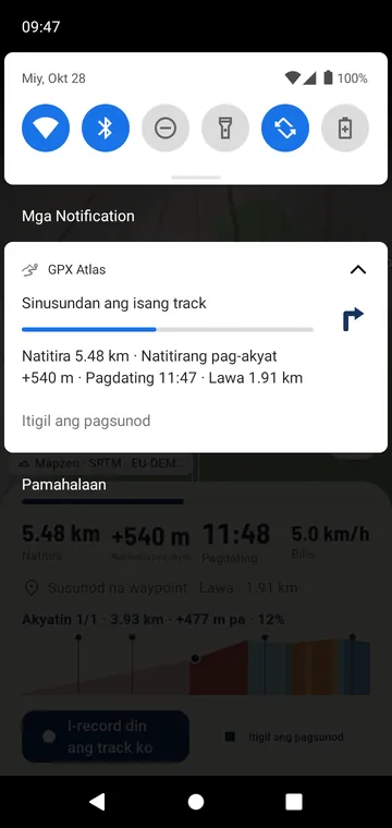 Ang arrow ng liko at ang progreso mo sa notification