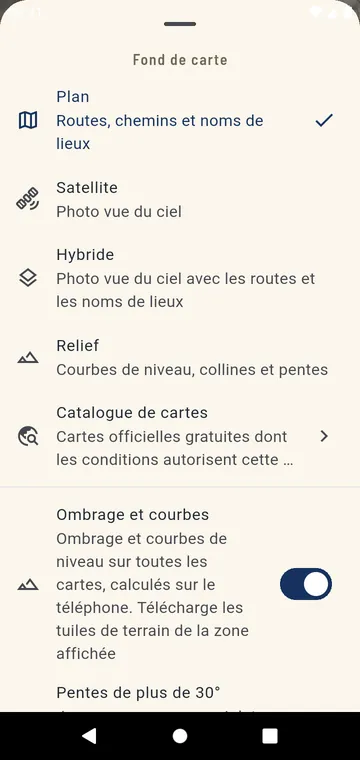 Choisir la carte : plan, satellite, hybride, relief