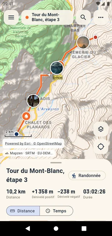 Une randonnée sur la carte, avec le relief et les photos
