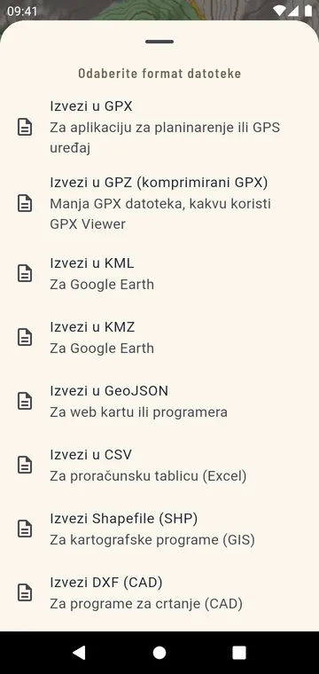 Formati izvoza: GPX, GPZ, KML, KMZ, GeoJSON, CSV, Shapefile, DXF