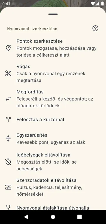 Nyomvonal szerkesztése: vágás, felosztás, megfordítás, összefűzés