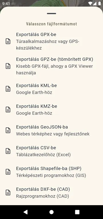 Exportformátumok: GPX, GPZ, KML, KMZ, GeoJSON, CSV, Shapefile, DXF
