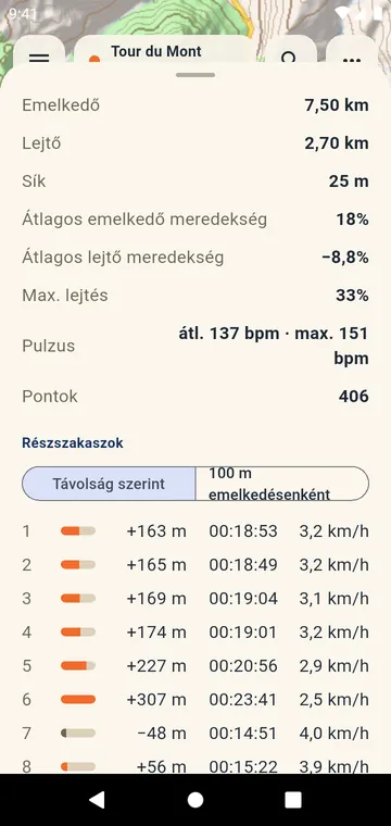 Részszakaszok: szintemelkedés, idő és sebesség kilométerenként vagy mérföldenként