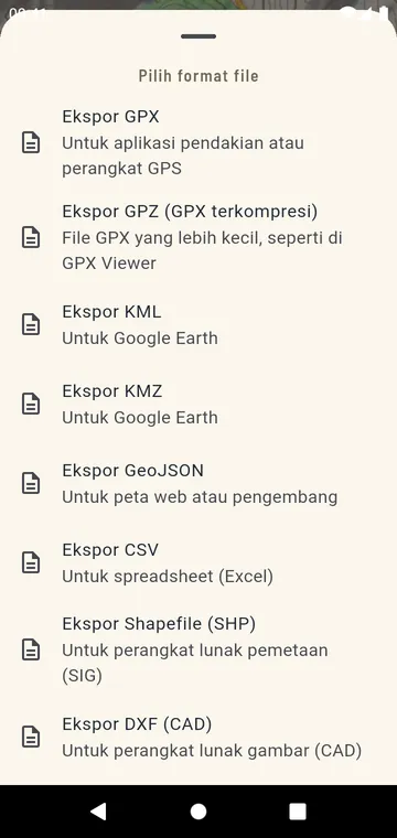 Format ekspor: GPX, GPZ, KML, KMZ, GeoJSON, CSV, Shapefile, DXF