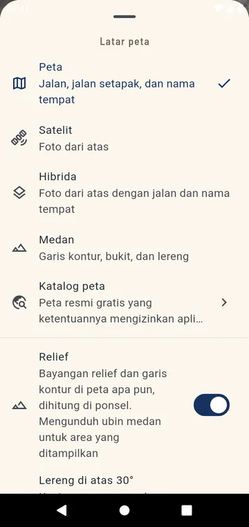 Memilih peta: jalan, satelit, hibrida, medan