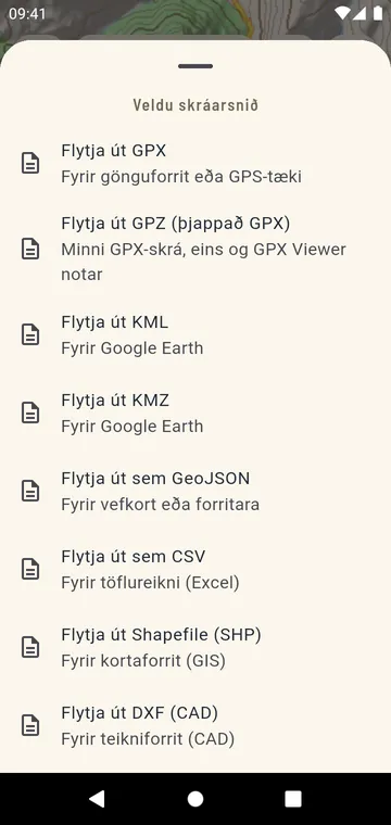 Útflutningssnið: GPX, GPZ, KML, KMZ, GeoJSON, CSV, Shapefile, DXF