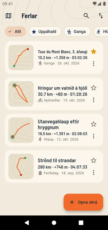 Ferlarnir þínir, með vegalengd og hækkun