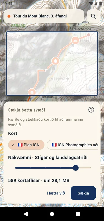 Svæði af opinberu korti sótt til notkunar án nettengingar