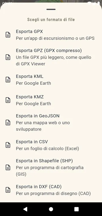 Formati di export: GPX, GPZ, KML, KMZ, GeoJSON, CSV, Shapefile, DXF