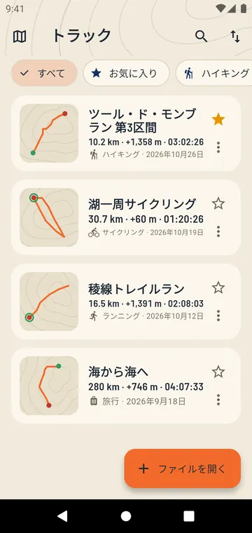 保存したトラックと、その距離と獲得標高