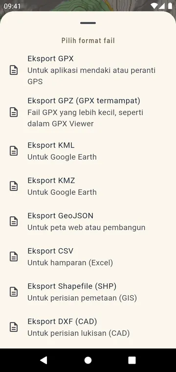 Format eksport: GPX, GPZ, KML, KMZ, GeoJSON, CSV, Shapefile, DXF