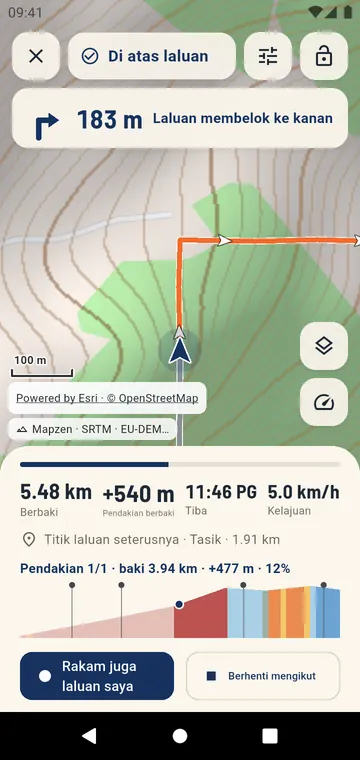 Mengikut laluan: belokan seterusnya, halaman pendakian dan baki angka