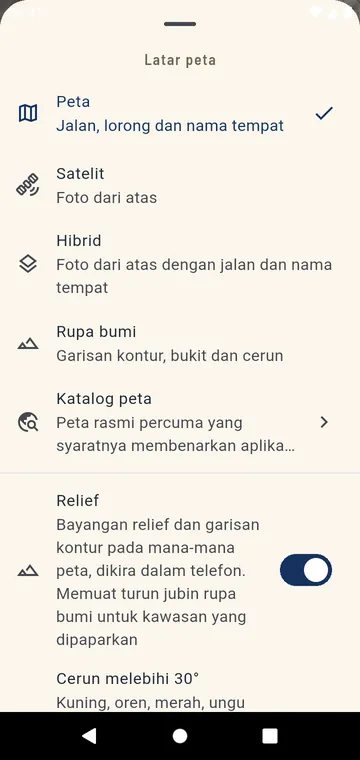 Memilih peta: jalan, satelit, hibrid, rupa bumi