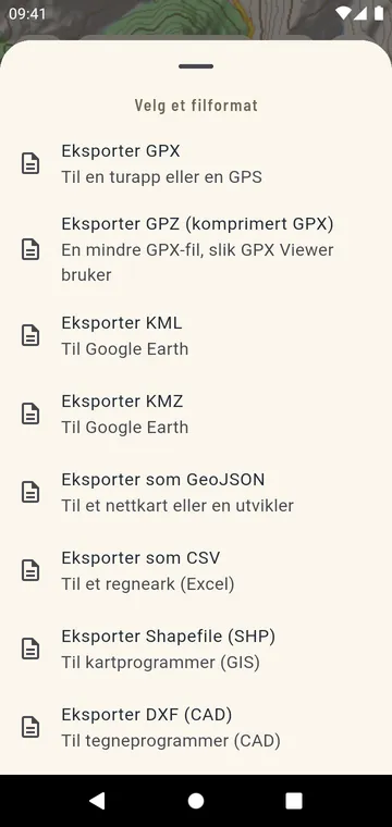 Eksportformater: GPX, GPZ, KML, KMZ, GeoJSON, CSV, Shapefile, DXF