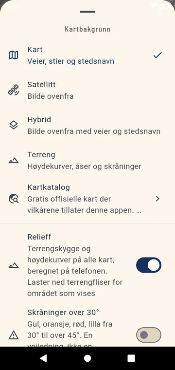 Velg kart: veikart, satellitt, hybrid, terreng