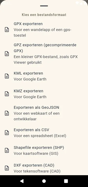 Exportformaten: GPX, GPZ, KML, KMZ, GeoJSON, CSV, Shapefile, DXF