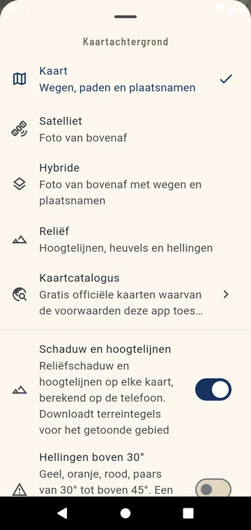De kaart kiezen: stratenkaart, satelliet, hybride, terrein