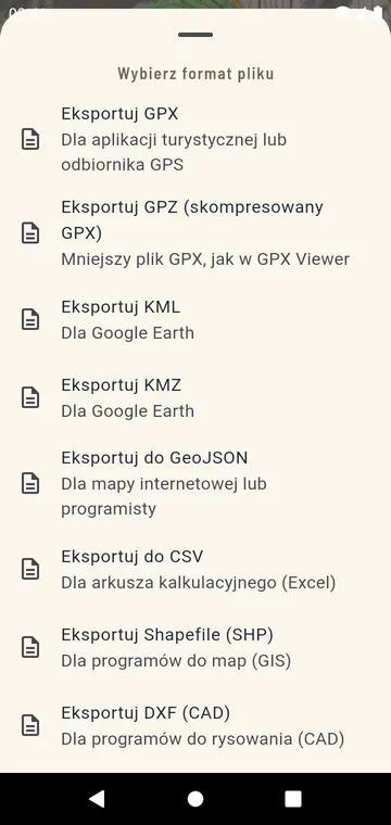 Formaty eksportu: GPX, GPZ, KML, KMZ, GeoJSON, CSV, Shapefile, DXF