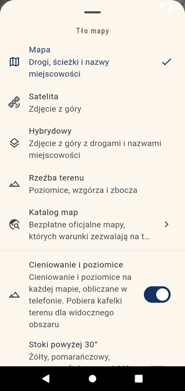 Wybór mapy: drogowa, satelitarna, hybrydowa lub terenowa