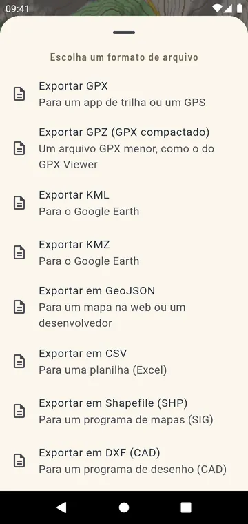 Formatos de exportação: GPX, GPZ, KML, KMZ, GeoJSON, CSV, Shapefile, DXF