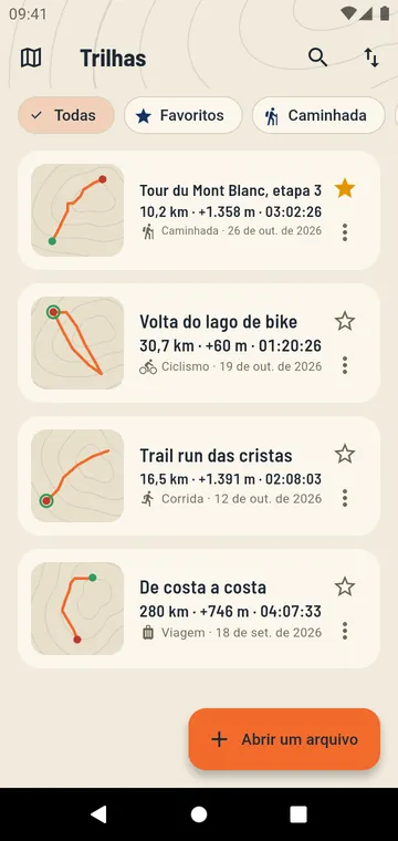 Suas trilhas, com distância e ganho de elevação