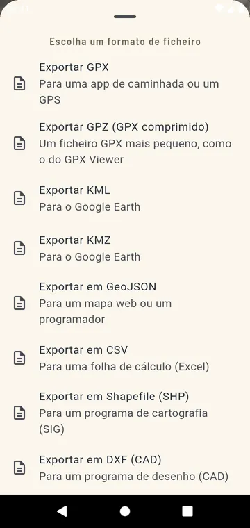 Formatos de exportação: GPX, GPZ, KML, KMZ, GeoJSON, CSV, Shapefile, DXF