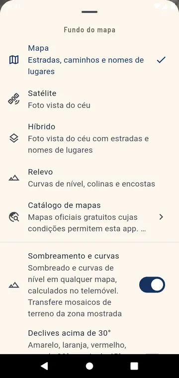 Escolher o mapa: ruas, satélite, híbrido, relevo