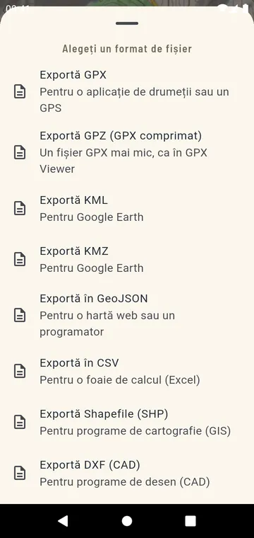 Formate de export: GPX, GPZ, KML, KMZ, GeoJSON, CSV, Shapefile, DXF