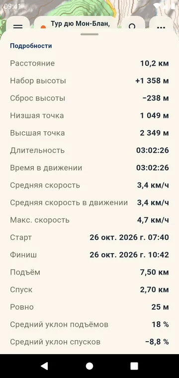 Отрезки: набор высоты, время и скорость на каждый километр или милю