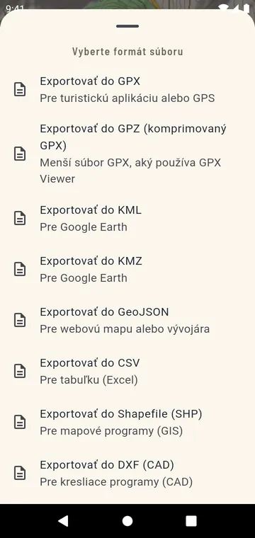 Formáty exportu: GPX, GPZ, KML, KMZ, GeoJSON, CSV, Shapefile, DXF