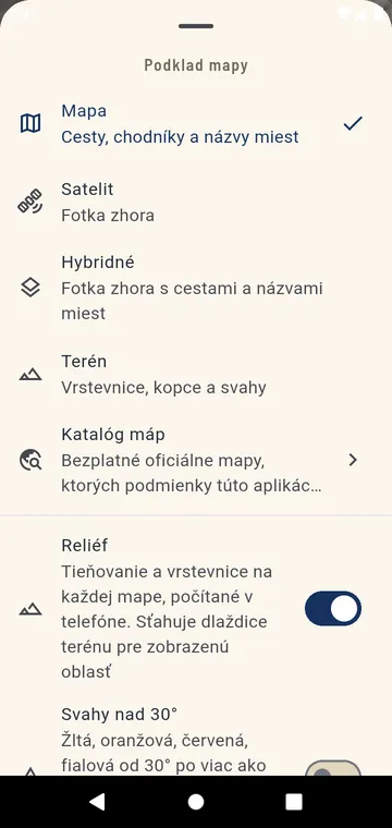Výber mapy: cestná, satelitná, hybridná, terénna