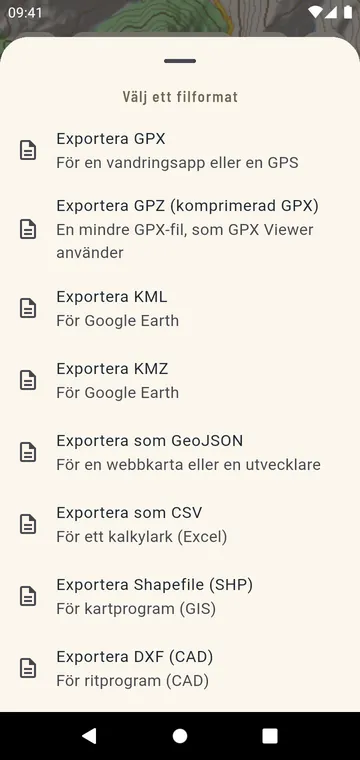 Exportformat: GPX, GPZ, KML, KMZ, GeoJSON, CSV, Shapefile, DXF