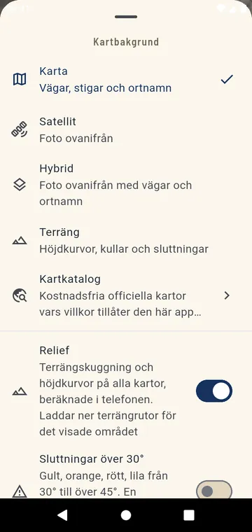 Välja kartvy: karta, satellit, hybrid, terräng