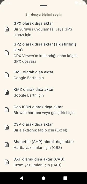 Dışa aktarma biçimleri: GPX, GPZ, KML, KMZ, GeoJSON, CSV, Shapefile, DXF