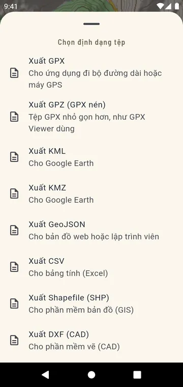Các định dạng xuất: GPX, GPZ, KML, KMZ, GeoJSON, CSV, Shapefile, DXF