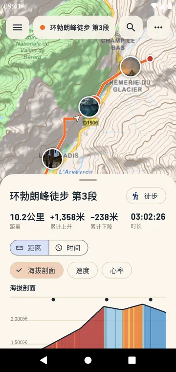 按坡度着色的海拔剖面，爬坡逐一编号